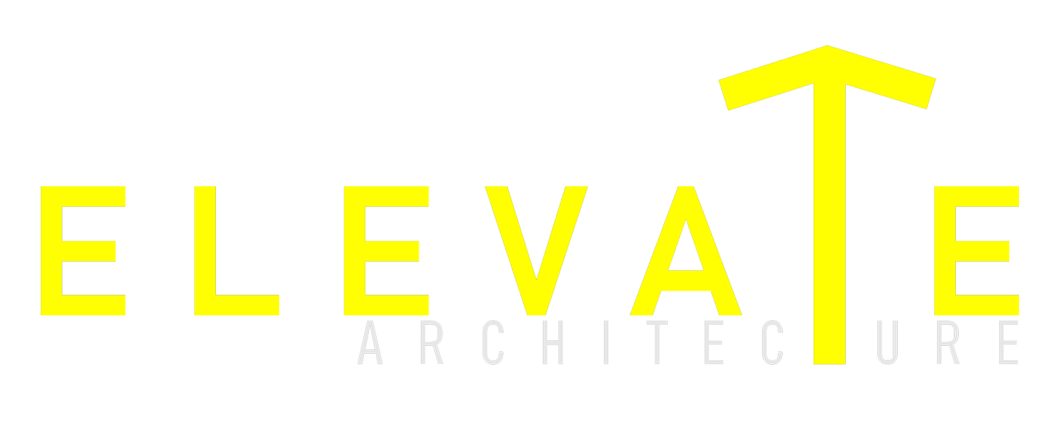 Elevate Architecture Main Logo. Yellow text "ELEVATE" and grey text "ARCHITECTURE" with the letter T replaced with an arrow pointing up